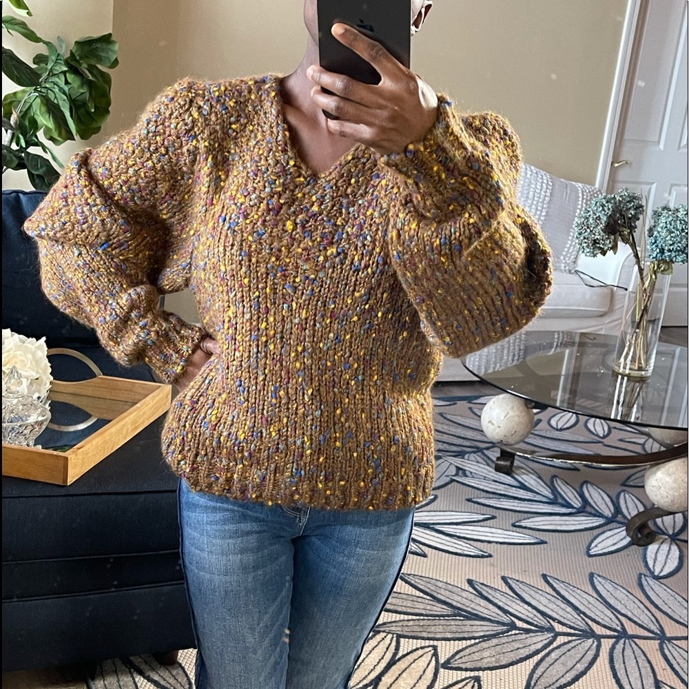 Zara Wool Knit Confetti Crew Neck Puffed Sleeves Sweater. Size Small.
